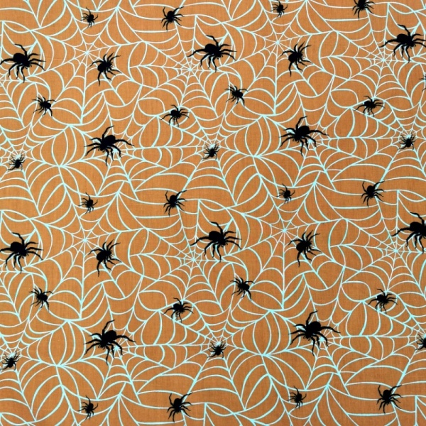 Halloween Polycotton- SPIDERS AND WEBS ON ORANGE